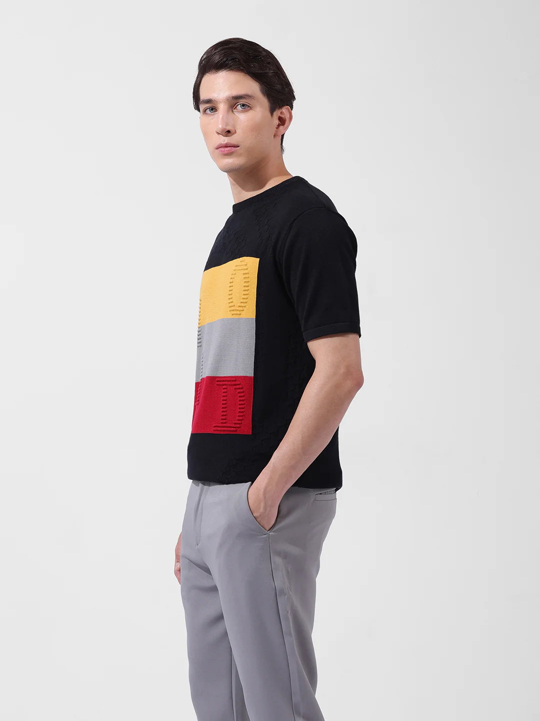 Men's Black Slim Fit Colourblocked Flat Knit T-Shirt - Image 5
