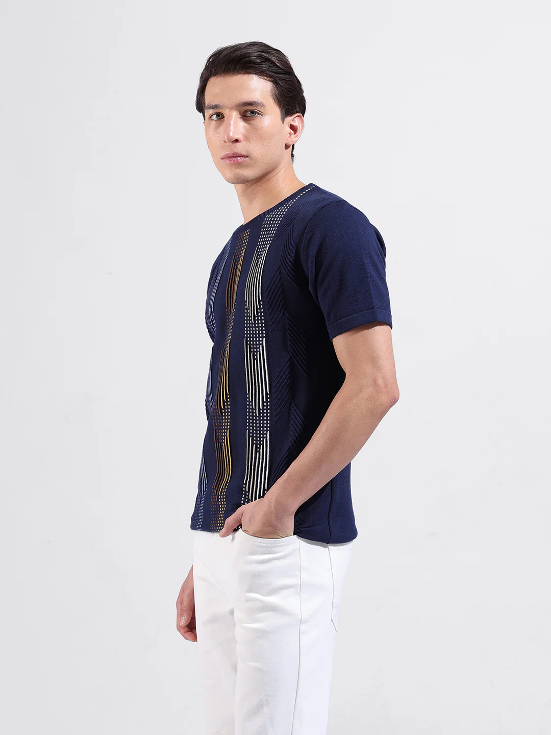 Men's Blue Slim Fit Striped Flat Knit T-Shirt - Image 2