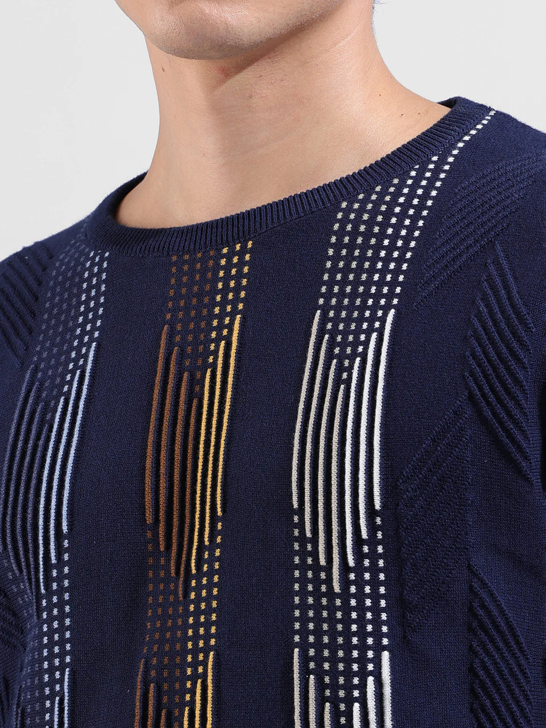 Men's Blue Slim Fit Striped Flat Knit T-Shirt - Image 3