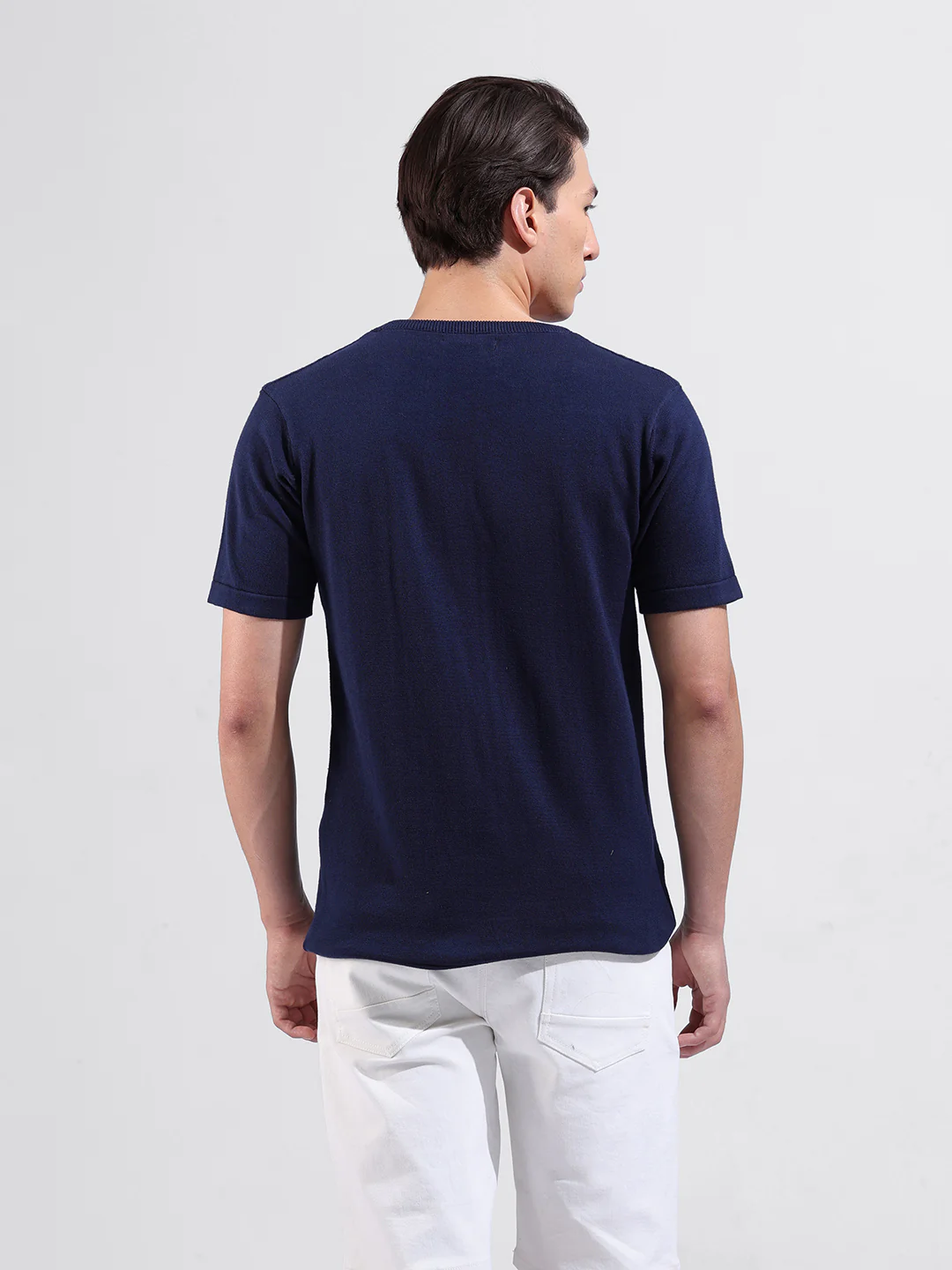 Men's Blue Slim Fit Striped Flat Knit T-Shirt - Image 4