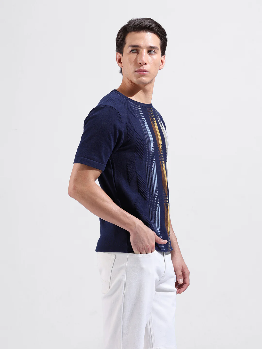 Men's Blue Slim Fit Striped Flat Knit T-Shirt - Image 5
