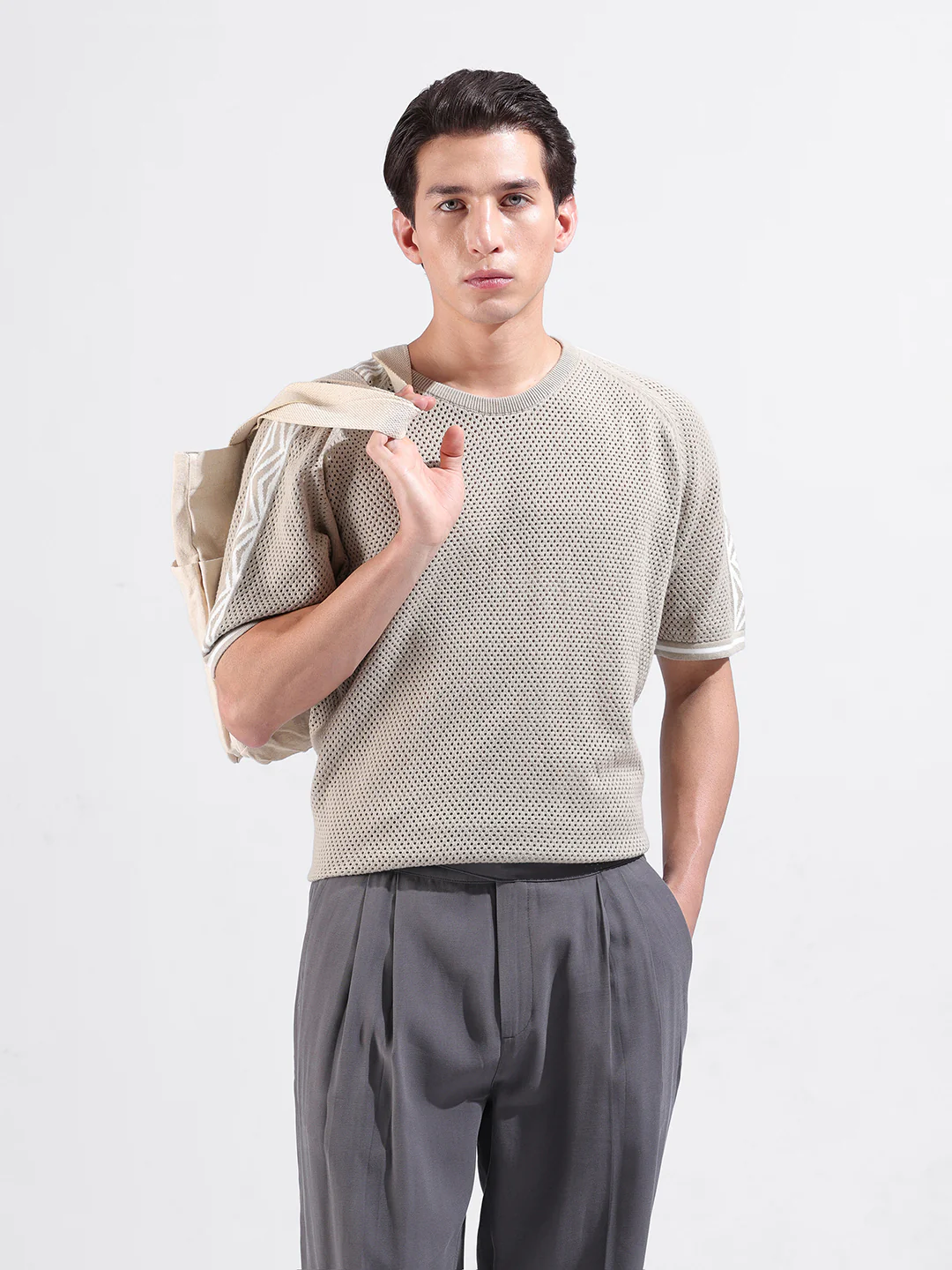 Men's Beige Oversized Fit Solid Flat Knit Crew Neck T-Shirt - Image 2