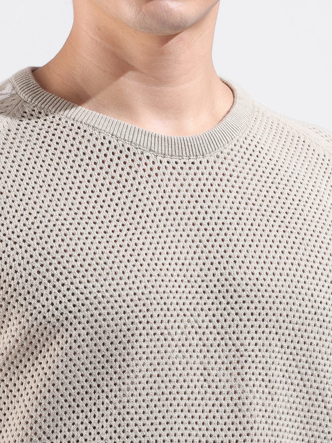 Men's Beige Oversized Fit Solid Flat Knit Crew Neck T-Shirt - Image 3