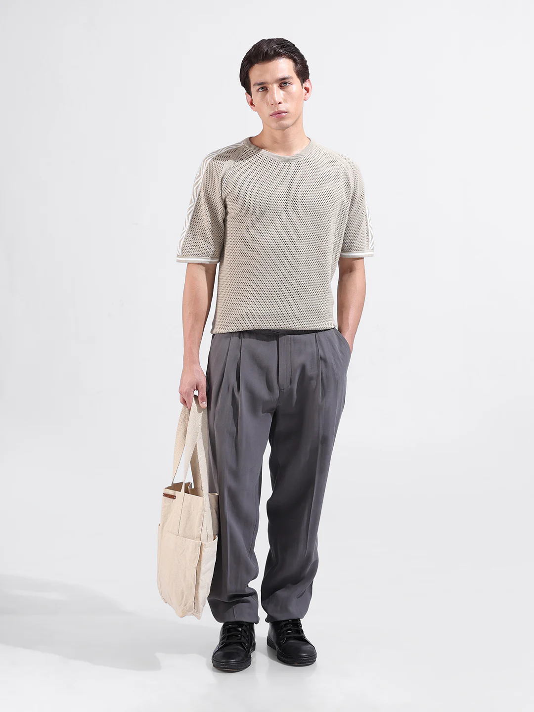 Men's Beige Oversized Fit Solid Flat Knit Crew Neck T-Shirt - Image 4