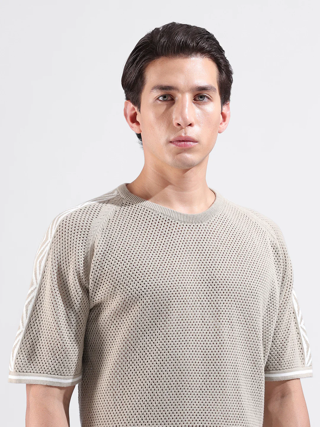 Men's Beige Oversized Fit Solid Flat Knit Crew Neck T-Shirt - Image 5