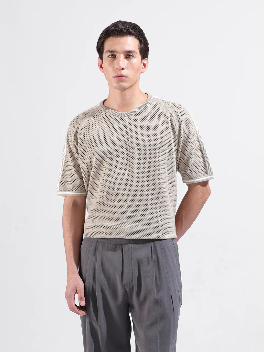 Men's Beige Oversized Fit Solid Flat Knit Crew Neck T-Shirt - Image 6