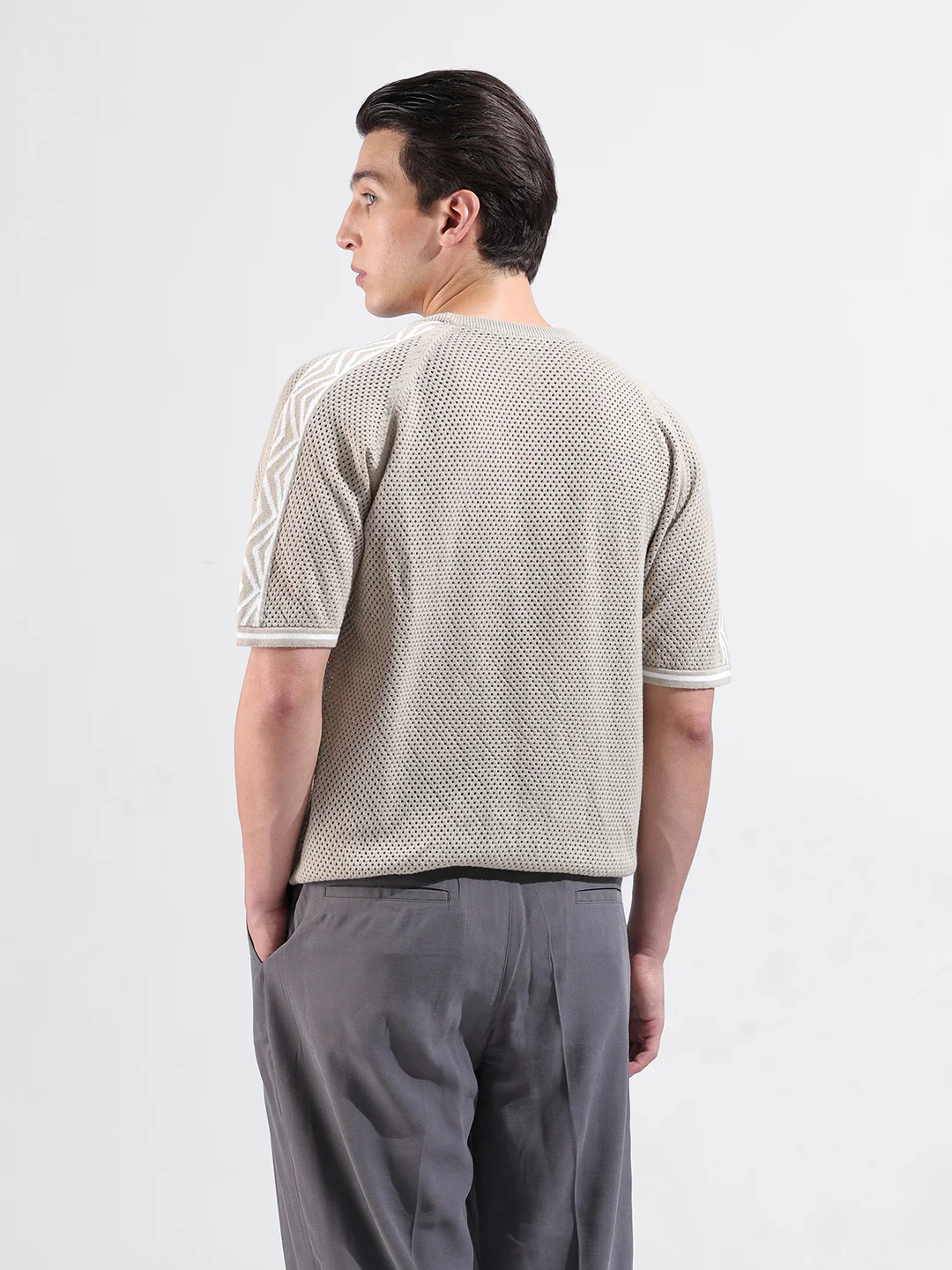 Men's Beige Oversized Fit Solid Flat Knit Crew Neck T-Shirt - Image 7