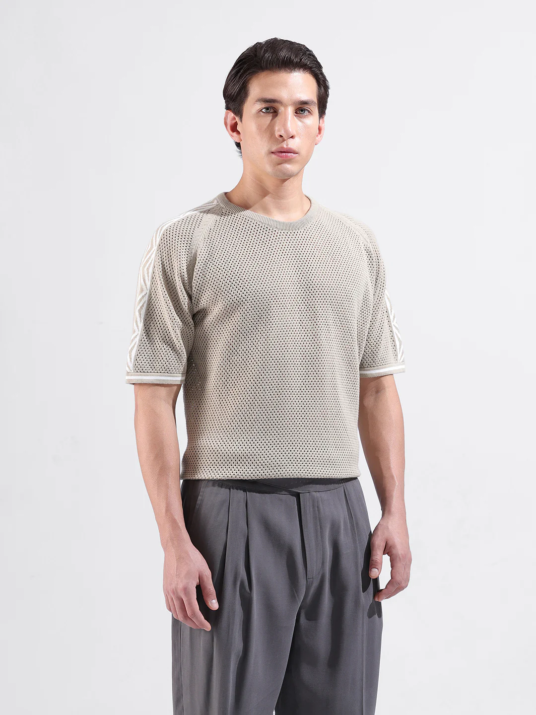 Men's Beige Oversized Fit Solid Flat Knit Crew Neck T-Shirt - Image 8