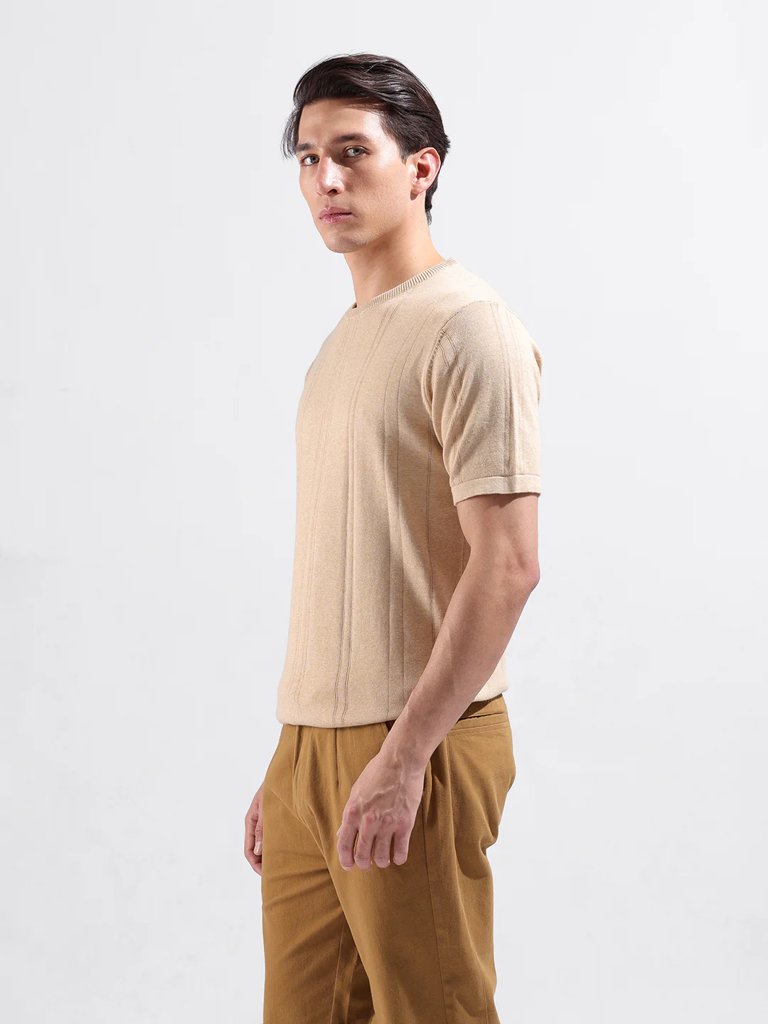 Men's Beige Slim Fit Solid Flat Knit T-Shirt - Image 2