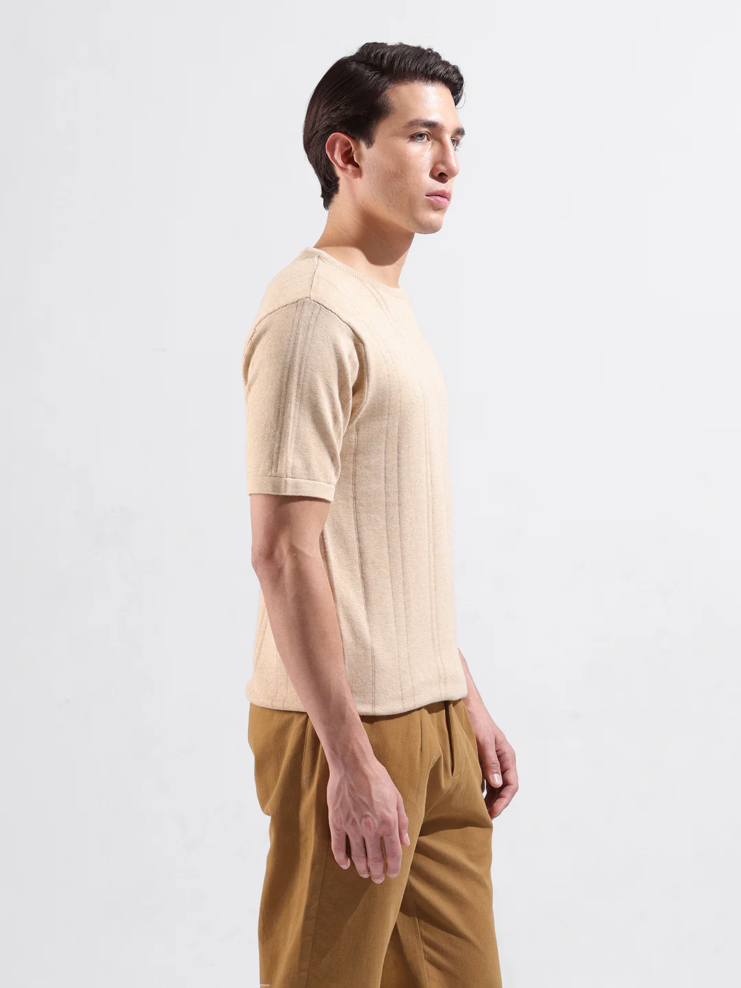 Men's Beige Slim Fit Solid Flat Knit T-Shirt - Image 4