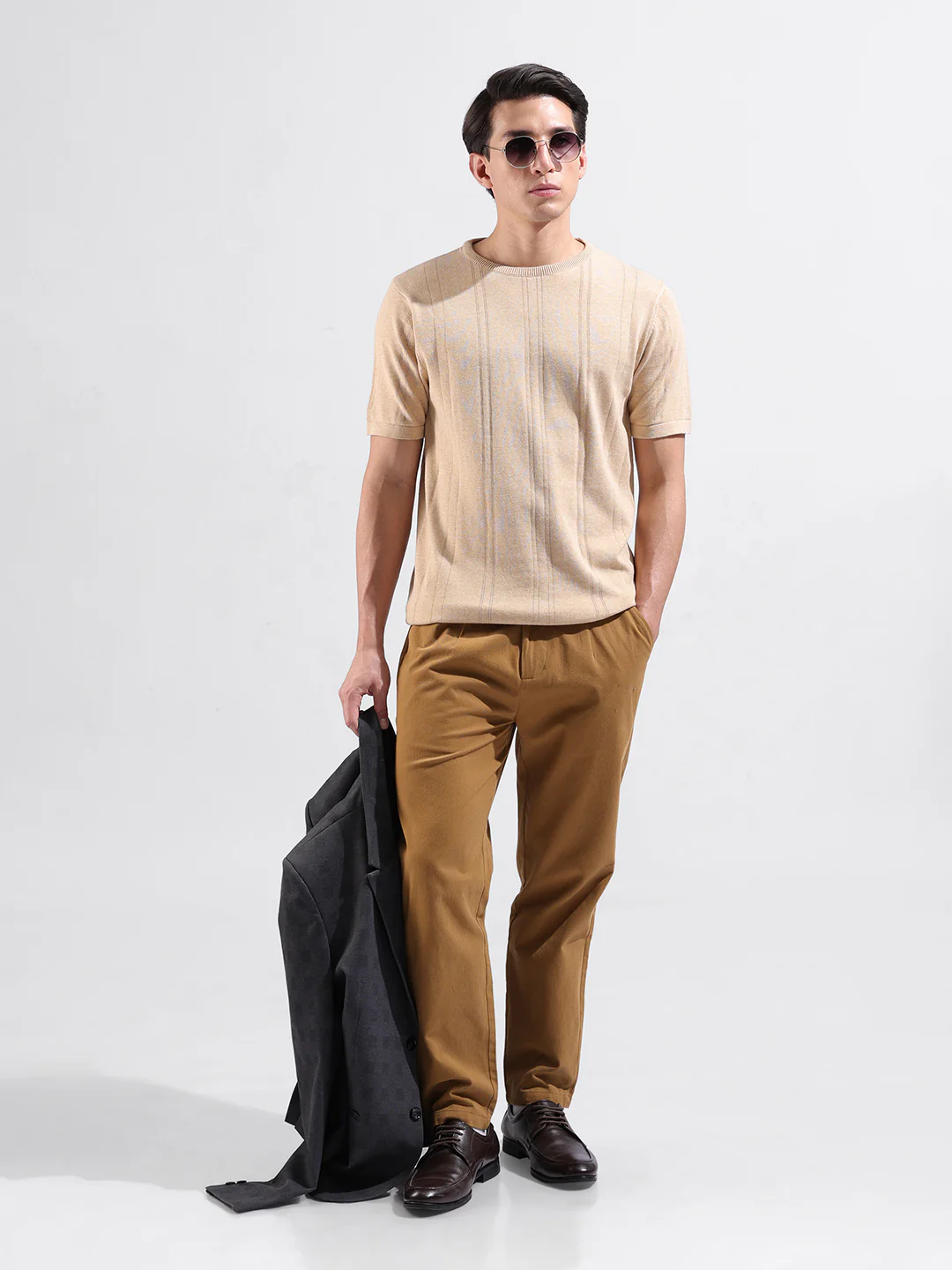 Men's Beige Slim Fit Solid Flat Knit T-Shirt - Image 5