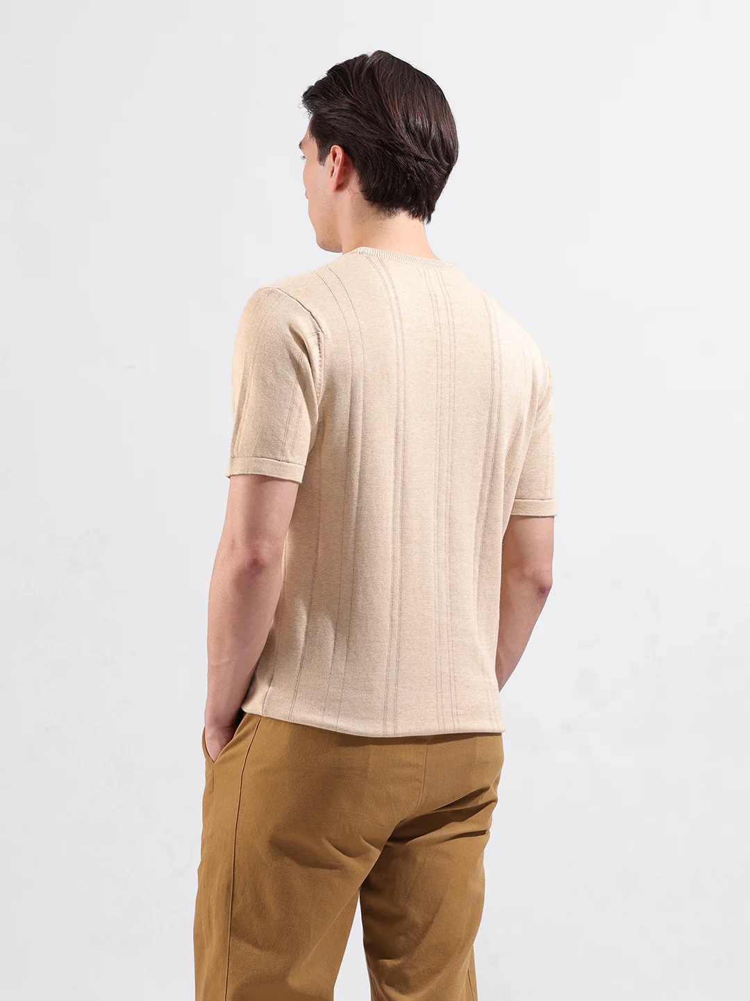 Men's Beige Slim Fit Solid Flat Knit T-Shirt - Image 6