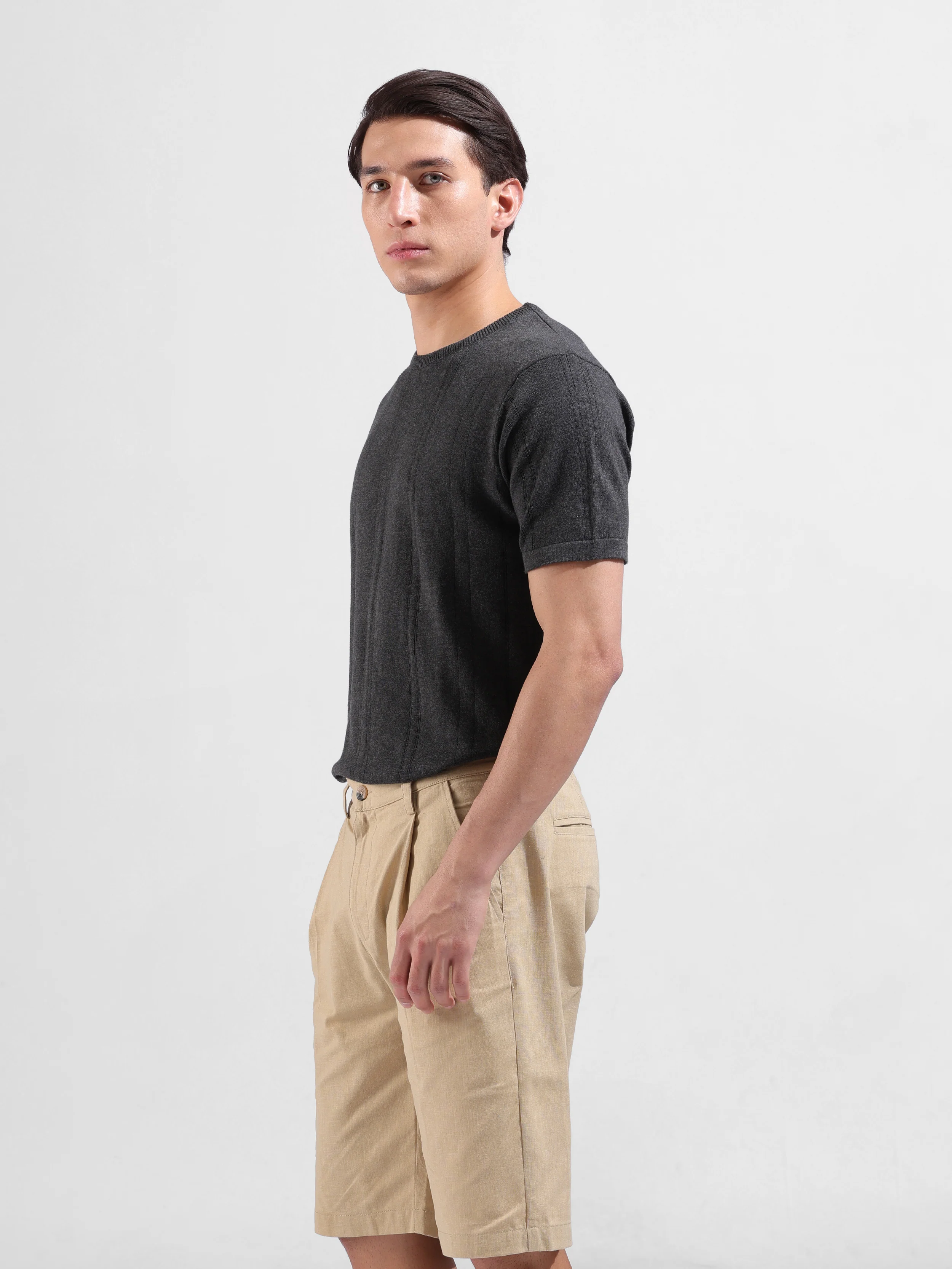 Men's Grey Slim Fit Solid Flat Knit T-Shirt - Image 4