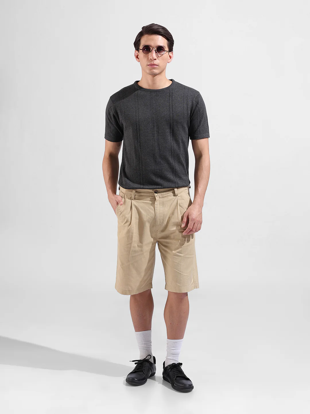 Men's Grey Slim Fit Solid Flat Knit T-Shirt - Image 5