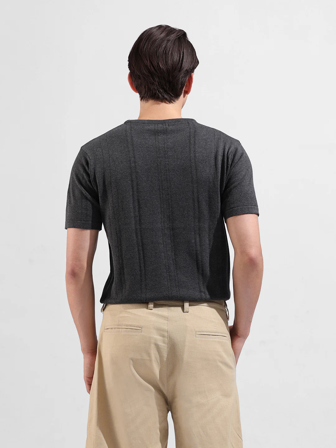 Men's Grey Slim Fit Solid Flat Knit T-Shirt - Image 6