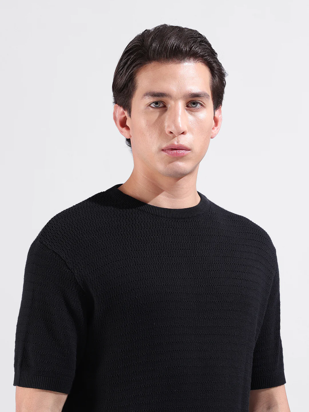 Men's Black Slim Fit Solid Flat Knit T-Shirt - Image 5