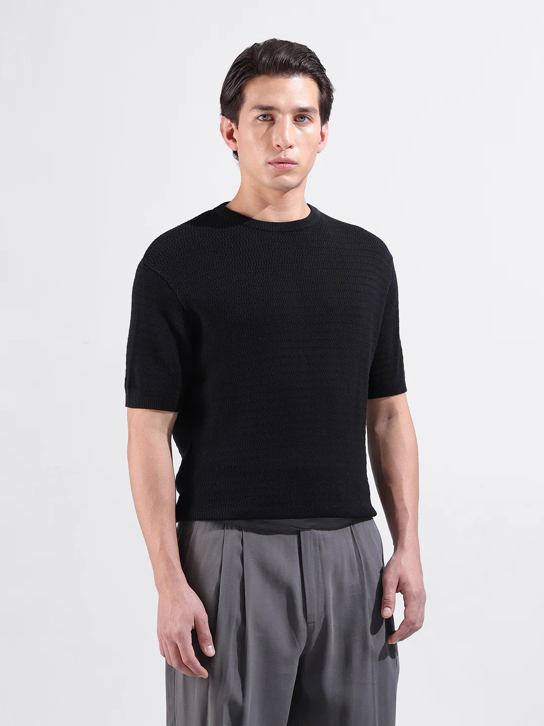Men's Black Slim Fit Solid Flat Knit T-Shirt - Image 6