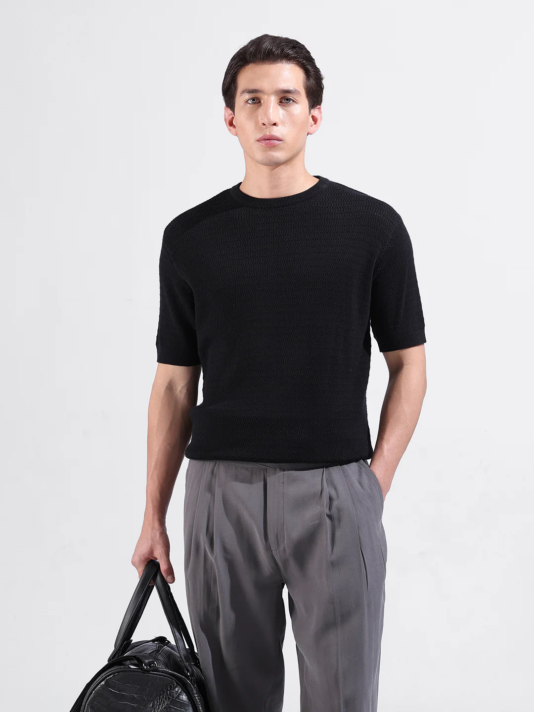 Men's Black Slim Fit Solid Flat Knit T-Shirt - Image 7