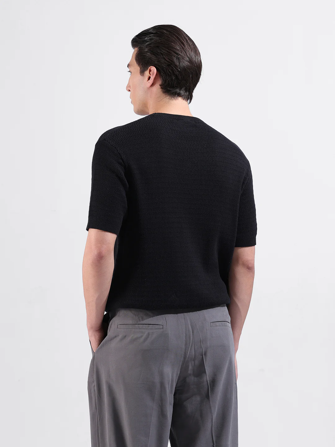 Men's Black Slim Fit Solid Flat Knit T-Shirt - Image 8