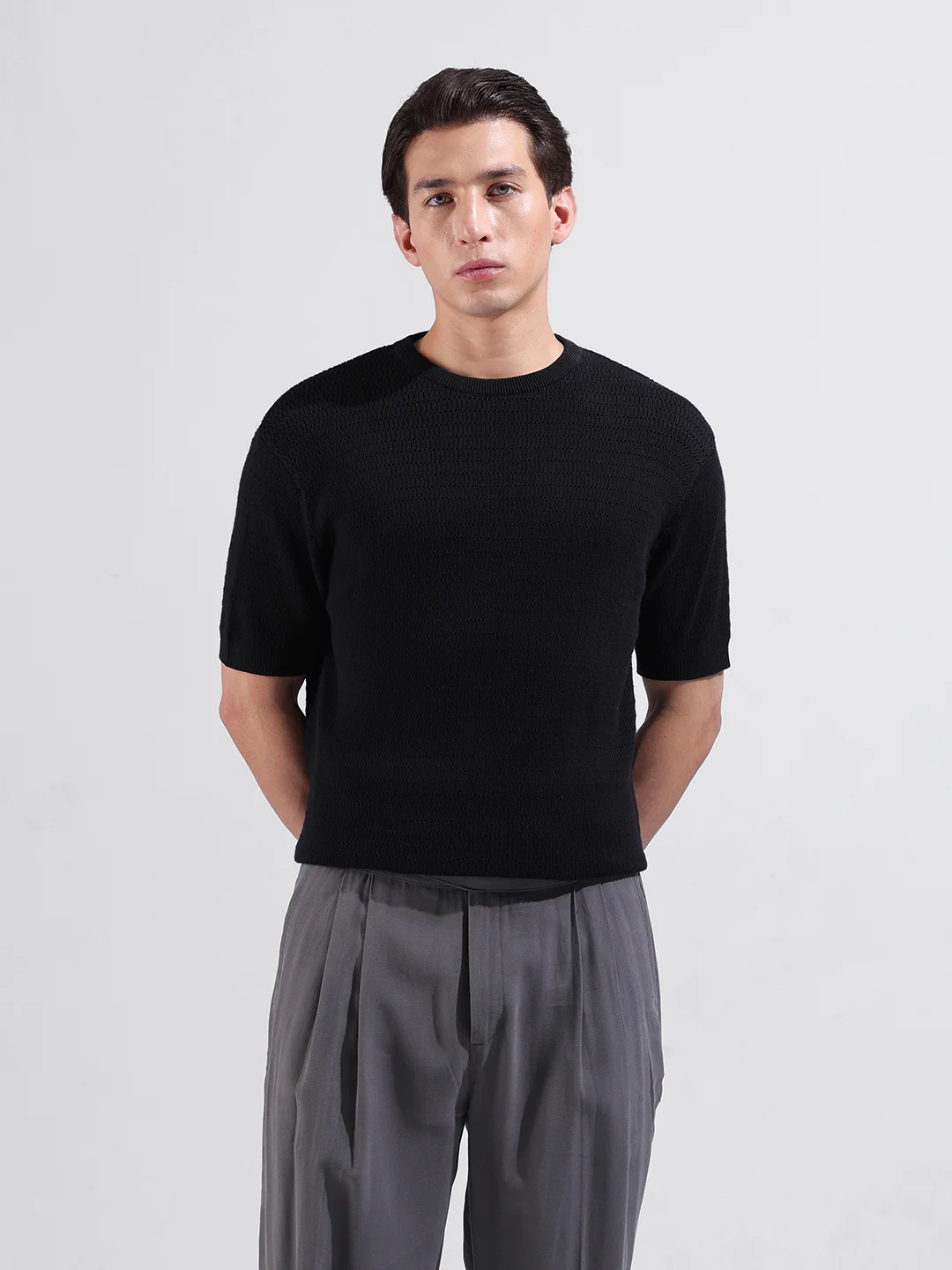 Men's Black Slim Fit Solid Flat Knit T-Shirt - Image 9