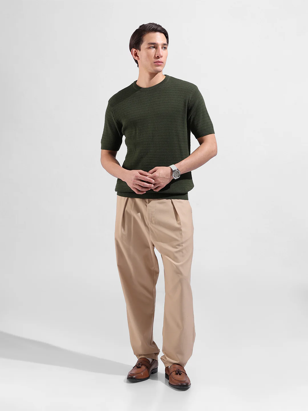 Men's Green Slim Fit Solid Flat Knit T-Shirt - Image 5