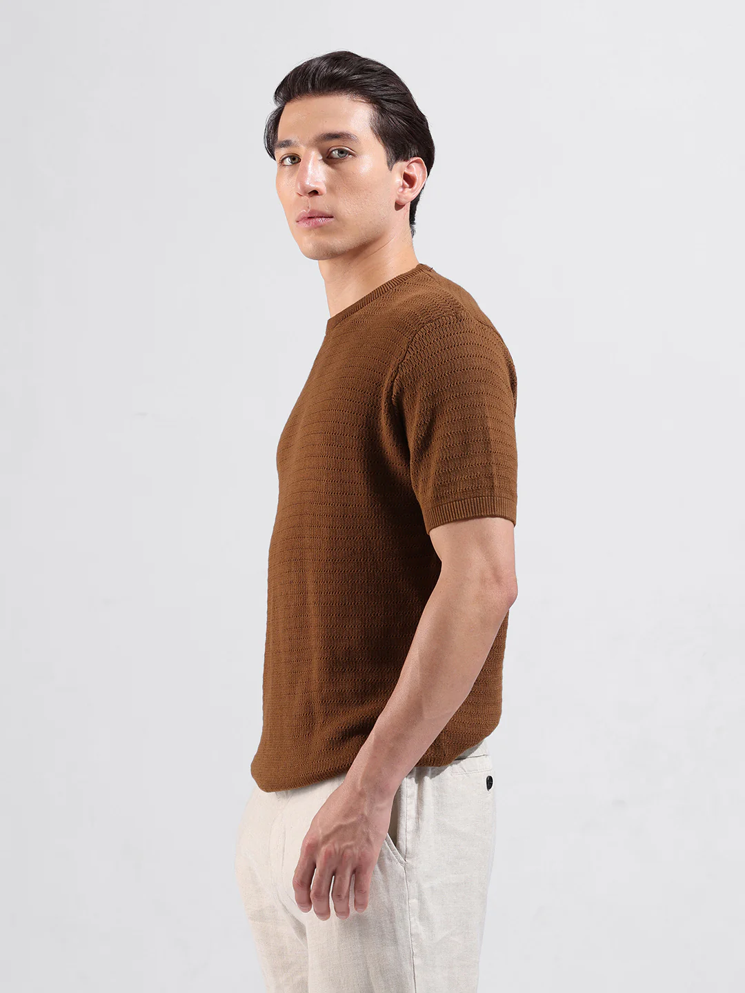 Men's Brown Slim Fit Solid Flat Knit Crew Neck T-Shirt - Image 4