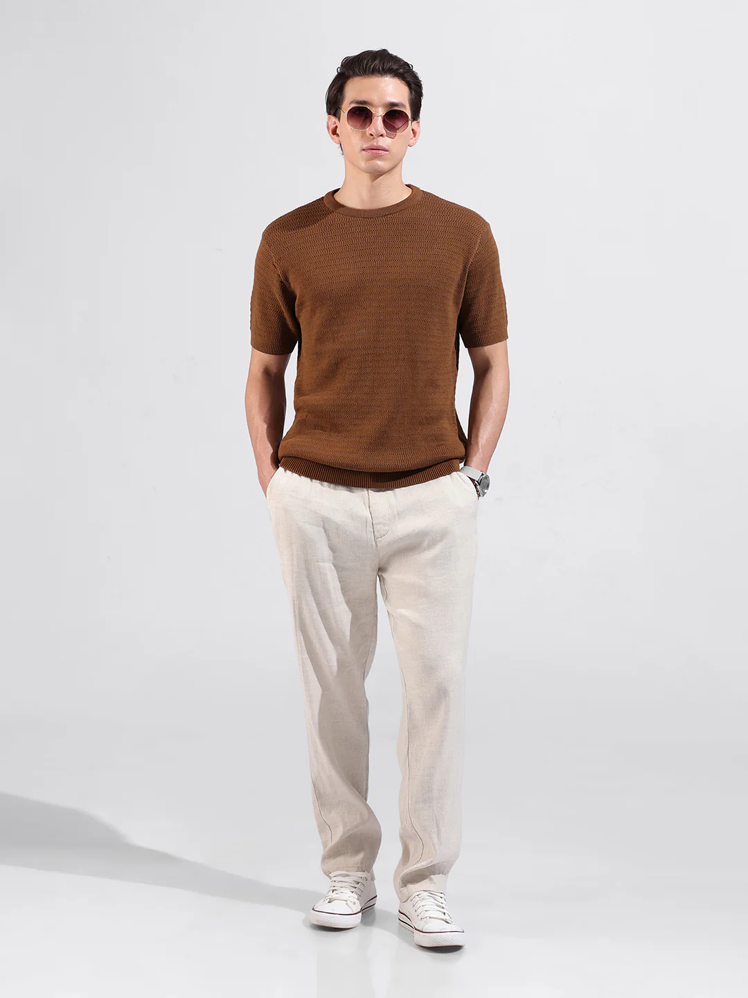 Men's Brown Slim Fit Solid Flat Knit Crew Neck T-Shirt - Image 5