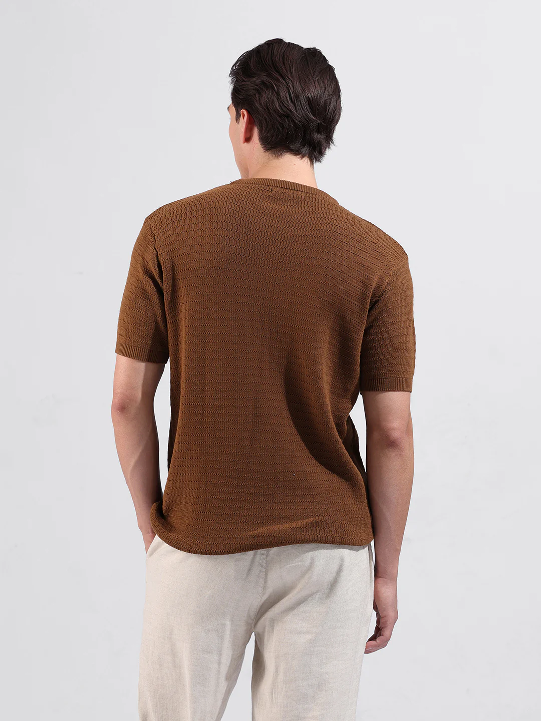 Men's Brown Slim Fit Solid Flat Knit Crew Neck T-Shirt - Image 6