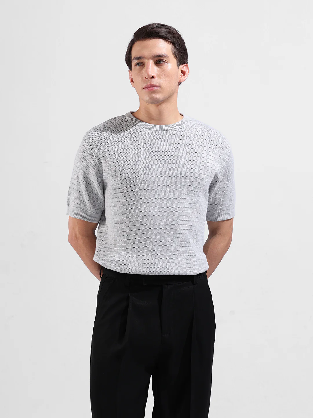 Men's Grey Slim Fit Solid Flat Knit Crew Neck T-Shirt - Image 2