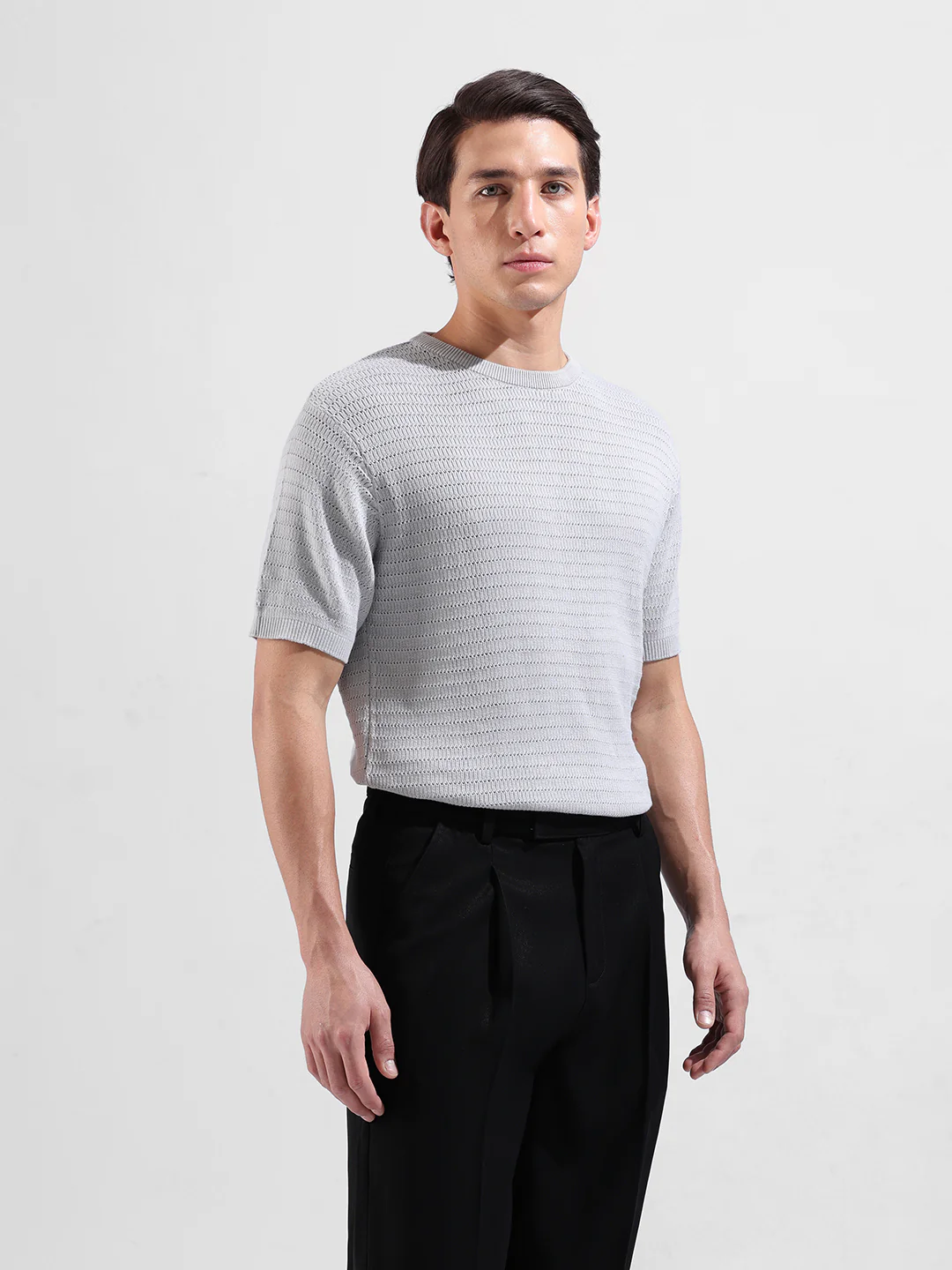 Men's Grey Slim Fit Solid Flat Knit Crew Neck T-Shirt - Image 4