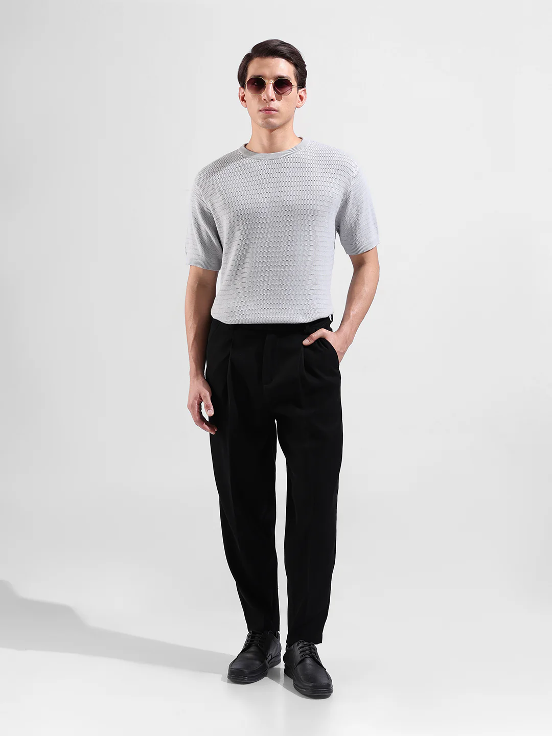 Men's Grey Slim Fit Solid Flat Knit Crew Neck T-Shirt - Image 6