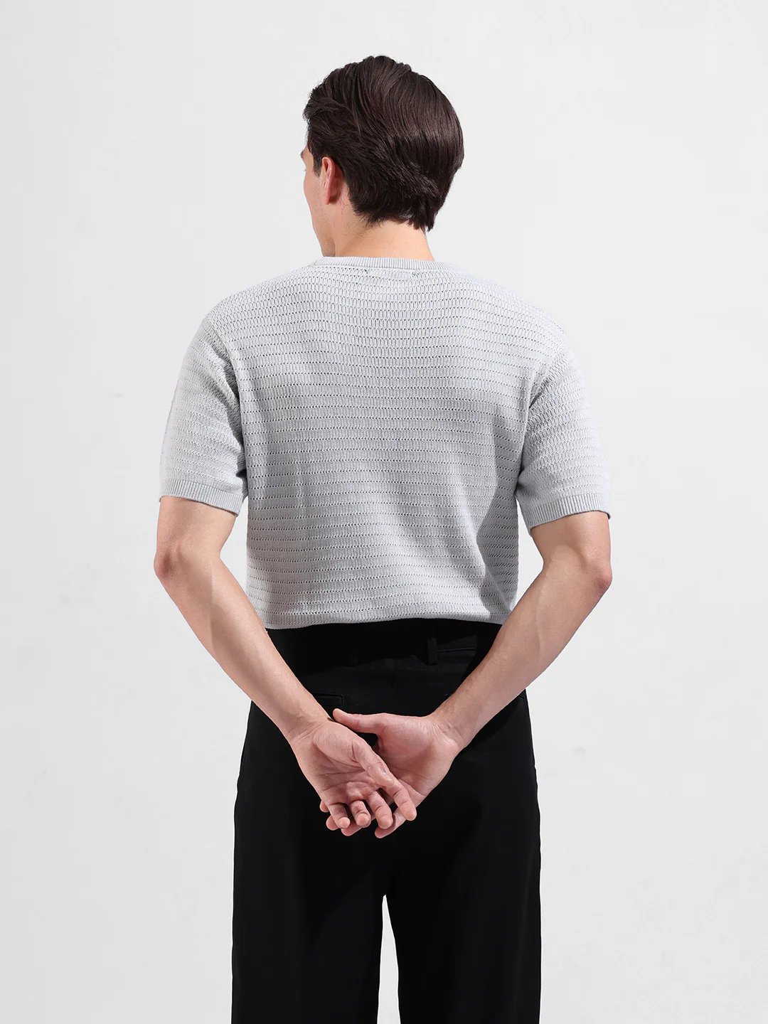 Men's Grey Slim Fit Solid Flat Knit Crew Neck T-Shirt - Image 7