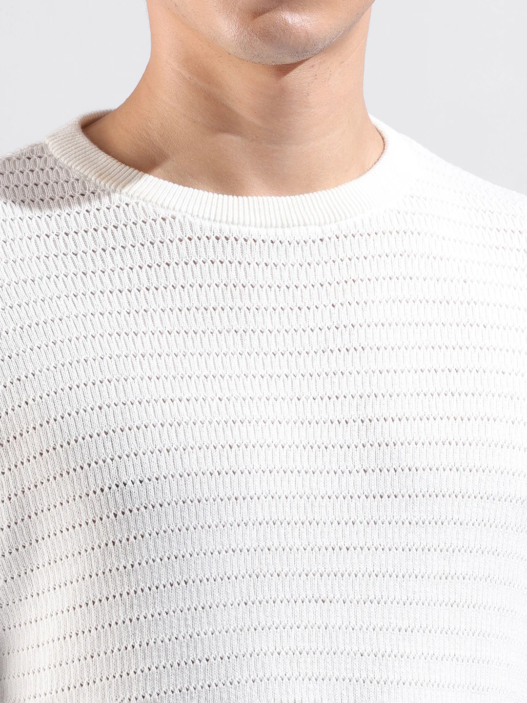 Men's White Slim Fit Solid Flat Knit T-Shirt - Image 3