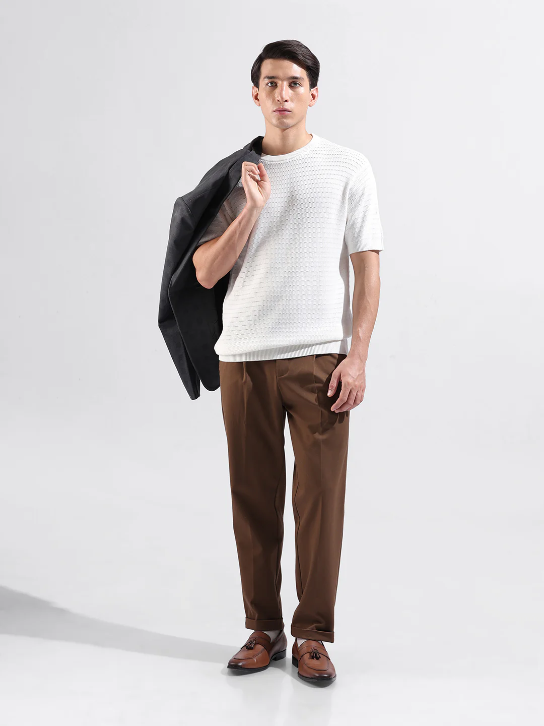 Men's White Slim Fit Solid Flat Knit T-Shirt - Image 5