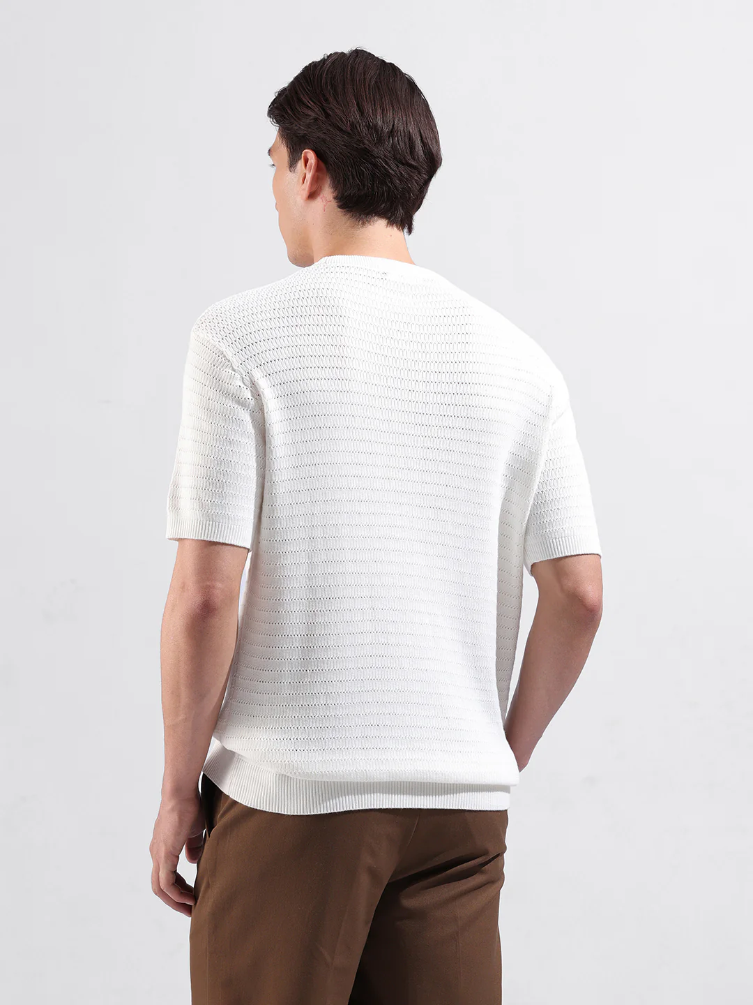 Men's White Slim Fit Solid Flat Knit T-Shirt - Image 6
