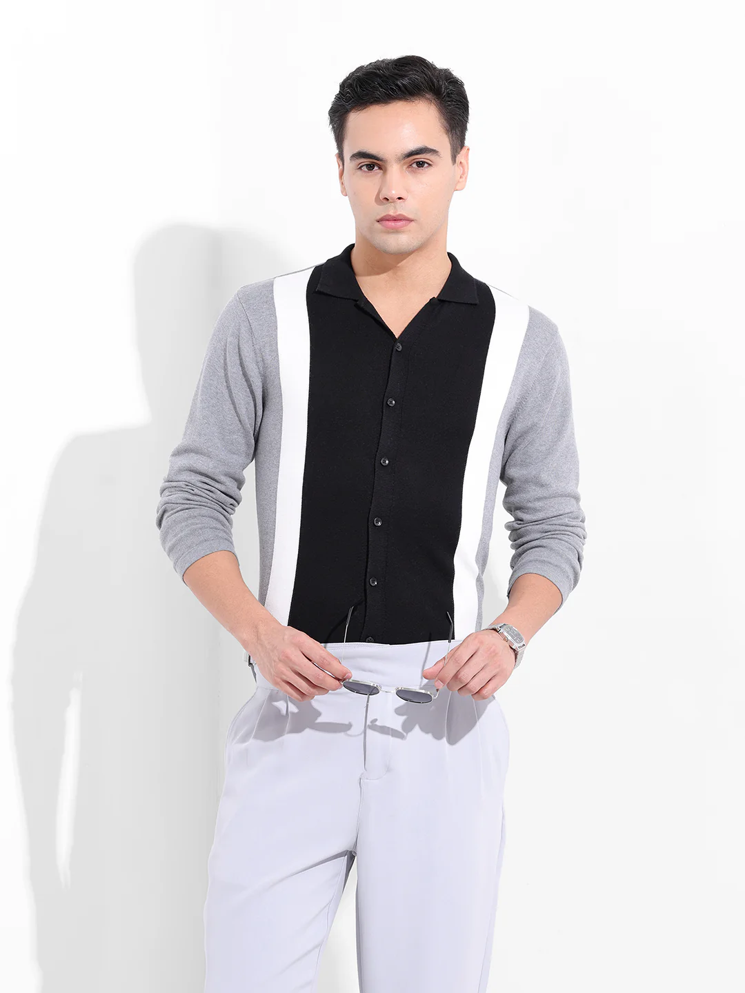 Men's Black Slim Fit Striped Flat Knit Shirt - Image 2