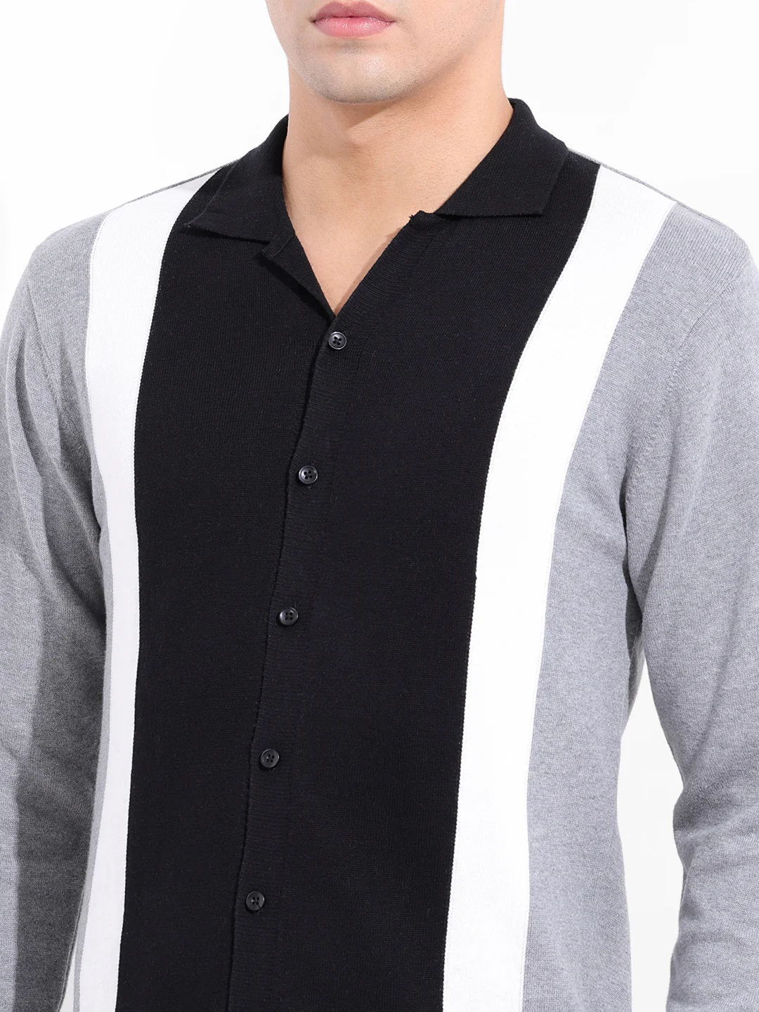 Men's Black Slim Fit Striped Flat Knit Shirt - Image 3