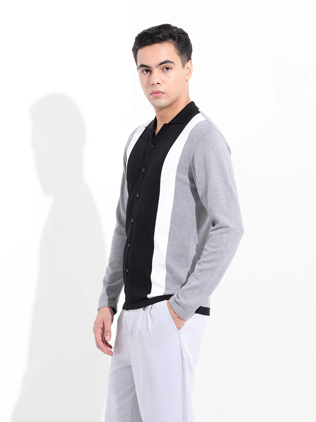Men's Black Slim Fit Striped Flat Knit Shirt - Image 4