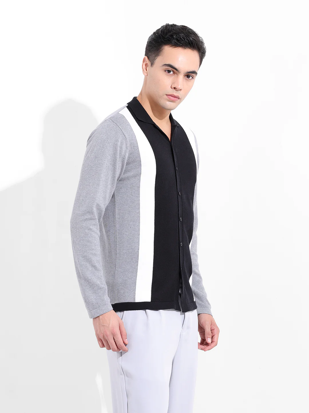 Men's Black Slim Fit Striped Flat Knit Shirt - Image 5