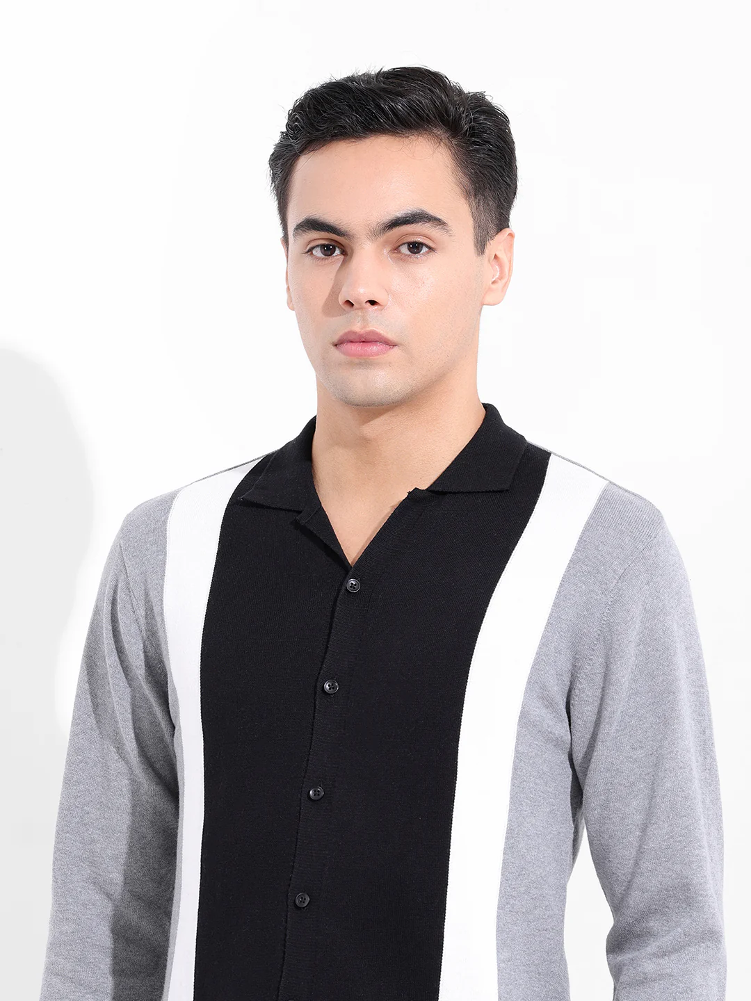Men's Black Slim Fit Striped Flat Knit Shirt - Image 7