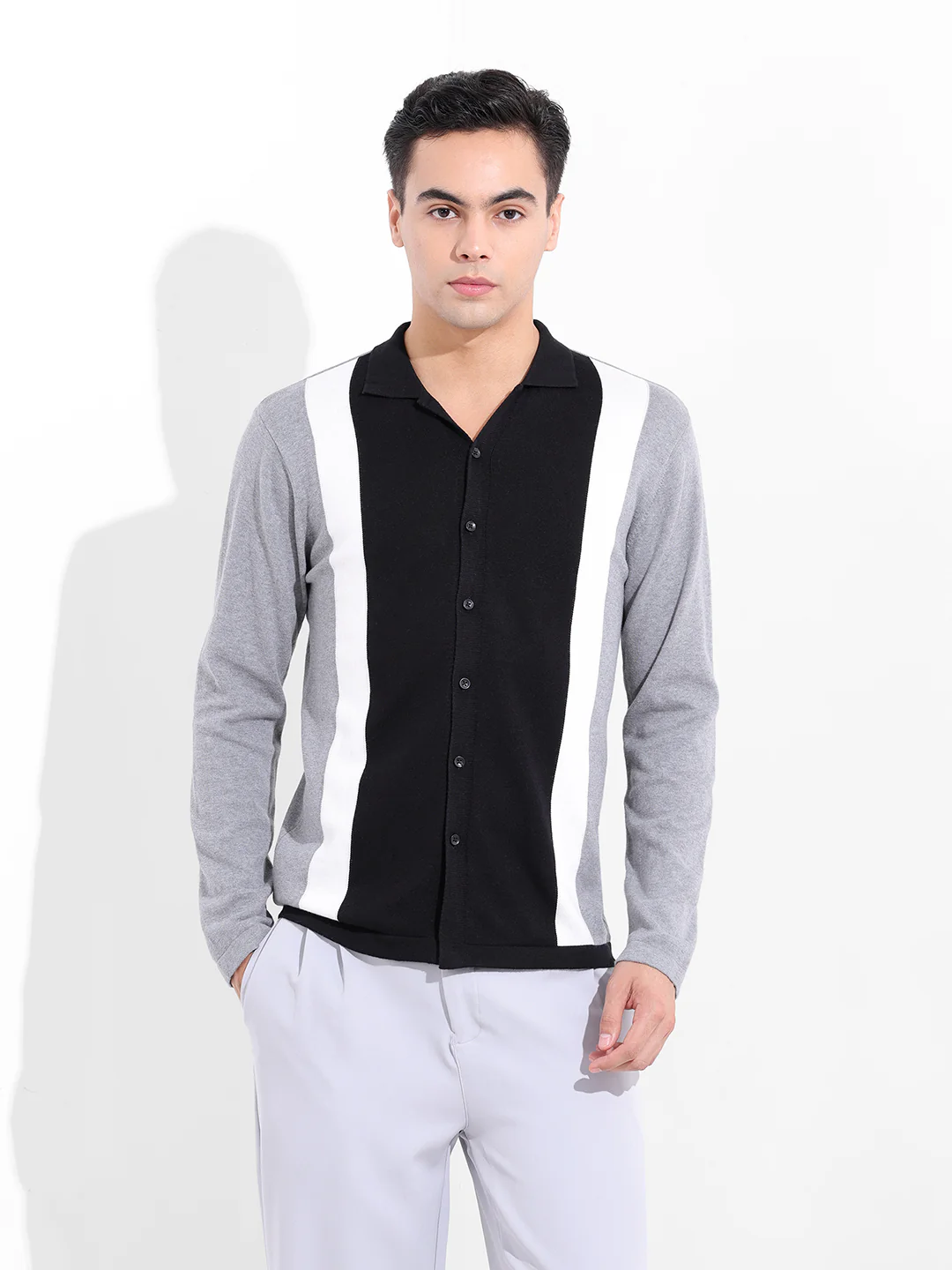 Men's Black Slim Fit Striped Flat Knit Shirt - Image 8