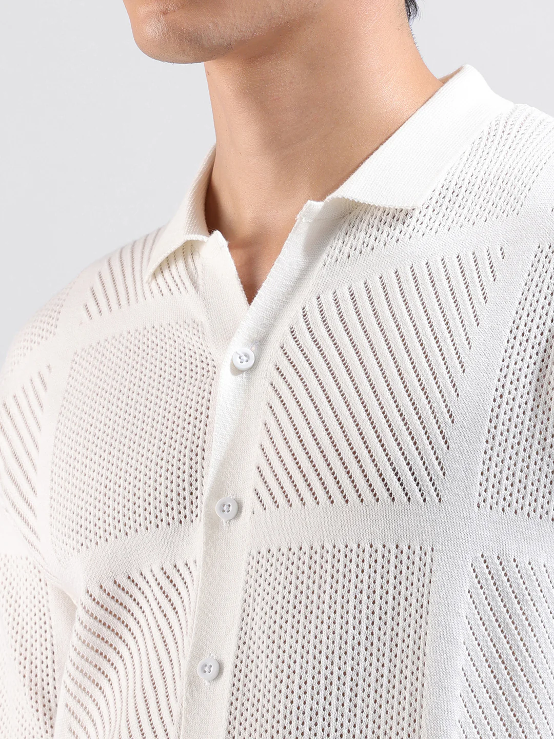 Men's White Slim Fit Striped Flat Knit Shirt - Image 3