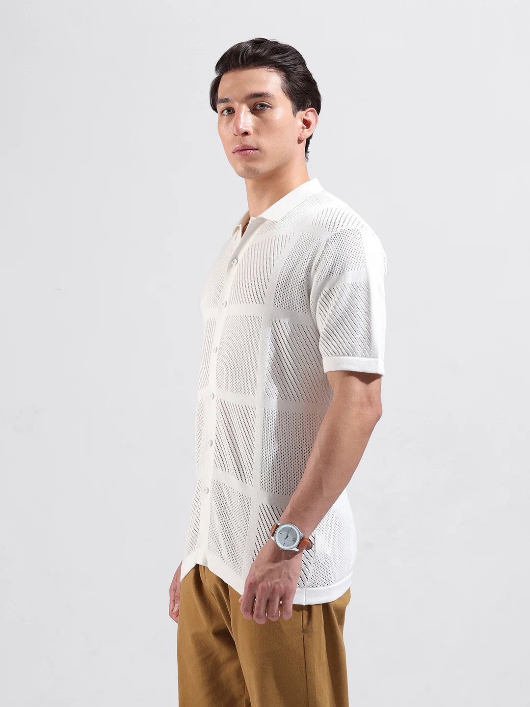 Men's White Slim Fit Striped Flat Knit Shirt - Image 4
