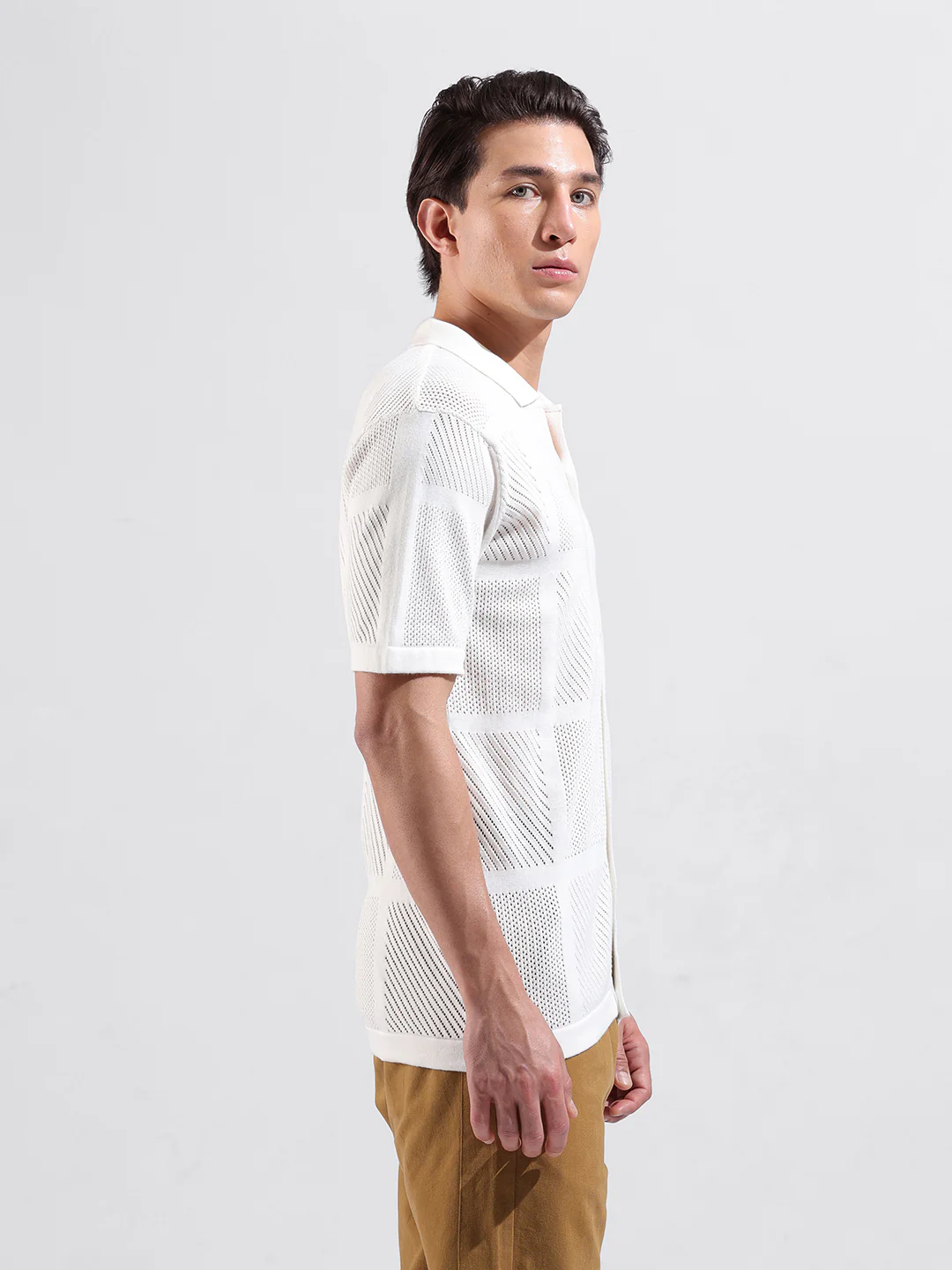 Men's White Slim Fit Striped Flat Knit Shirt - Image 5