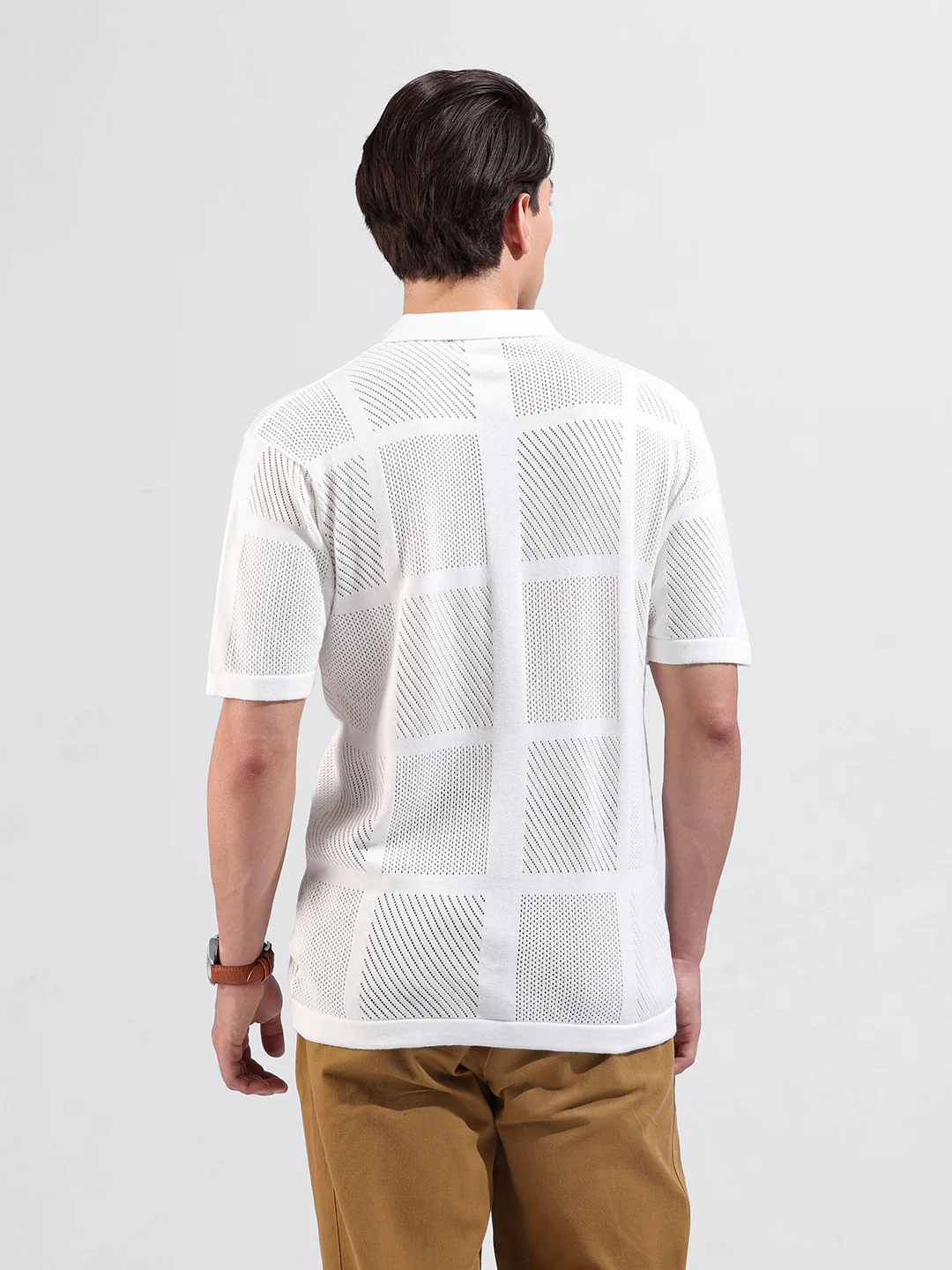 Men's White Slim Fit Striped Flat Knit Shirt - Image 6