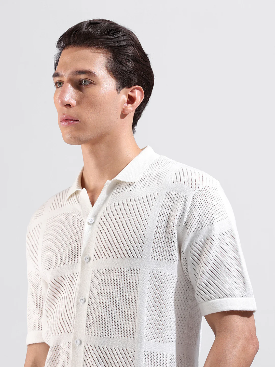 Men's White Slim Fit Striped Flat Knit Shirt - Image 7