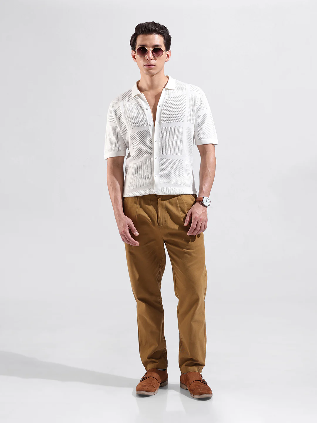 Men's White Slim Fit Striped Flat Knit Shirt - Image 8