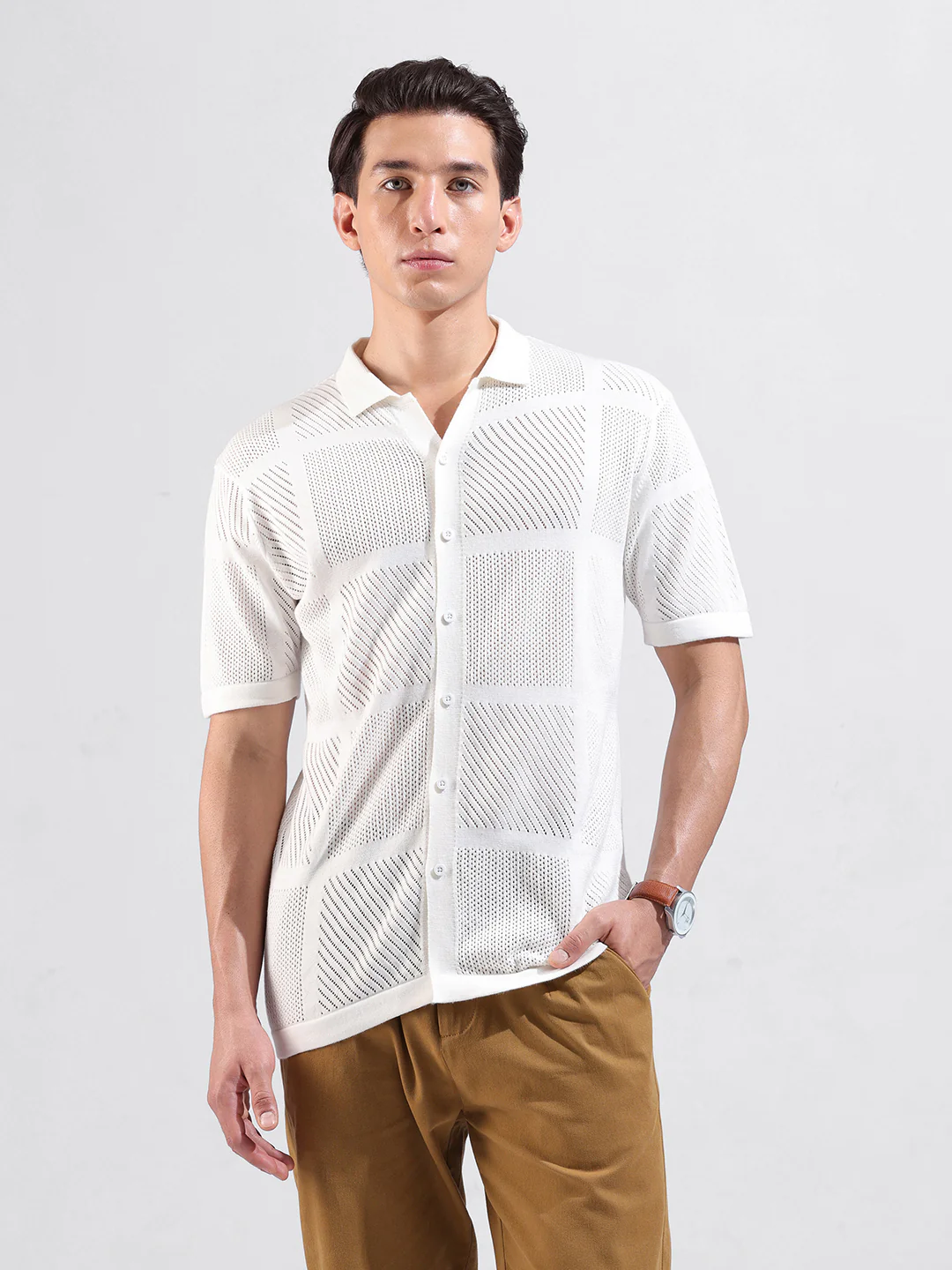 Men's White Slim Fit Striped Flat Knit Shirt - Image 9
