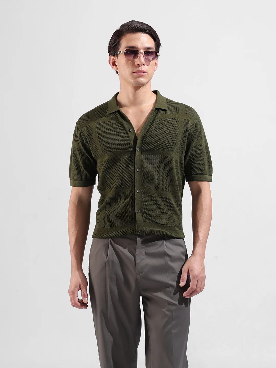 Men's Green Slim Fit Striped Flat Knit Shirt - Image 2