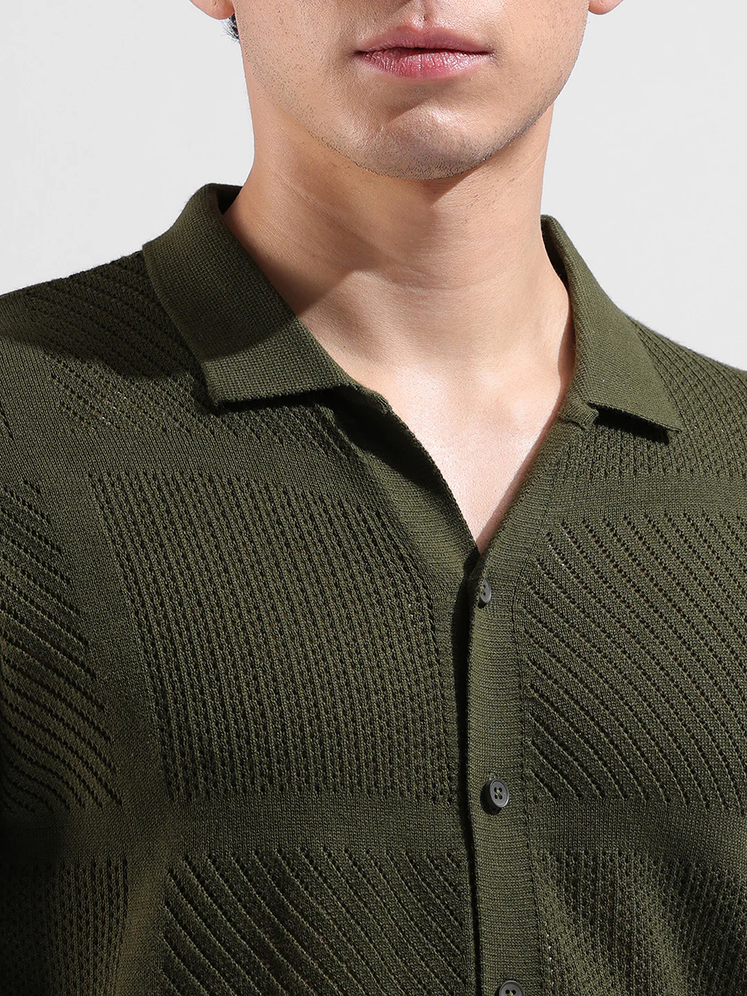 Men's Green Slim Fit Striped Flat Knit Shirt - Image 3